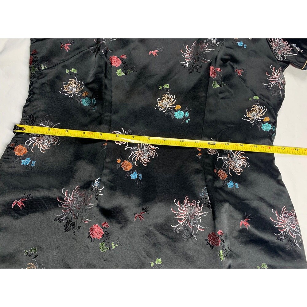Vtg 70s Chinese Cheongsam Qipao Maxi Dress Black Floral Satin Rainbow Lining 38 - Picture 4 of 13
